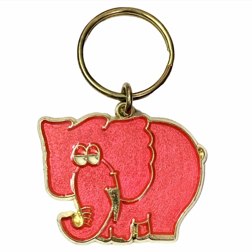 Vintage Enamel Pink Elephant Keychain NOS